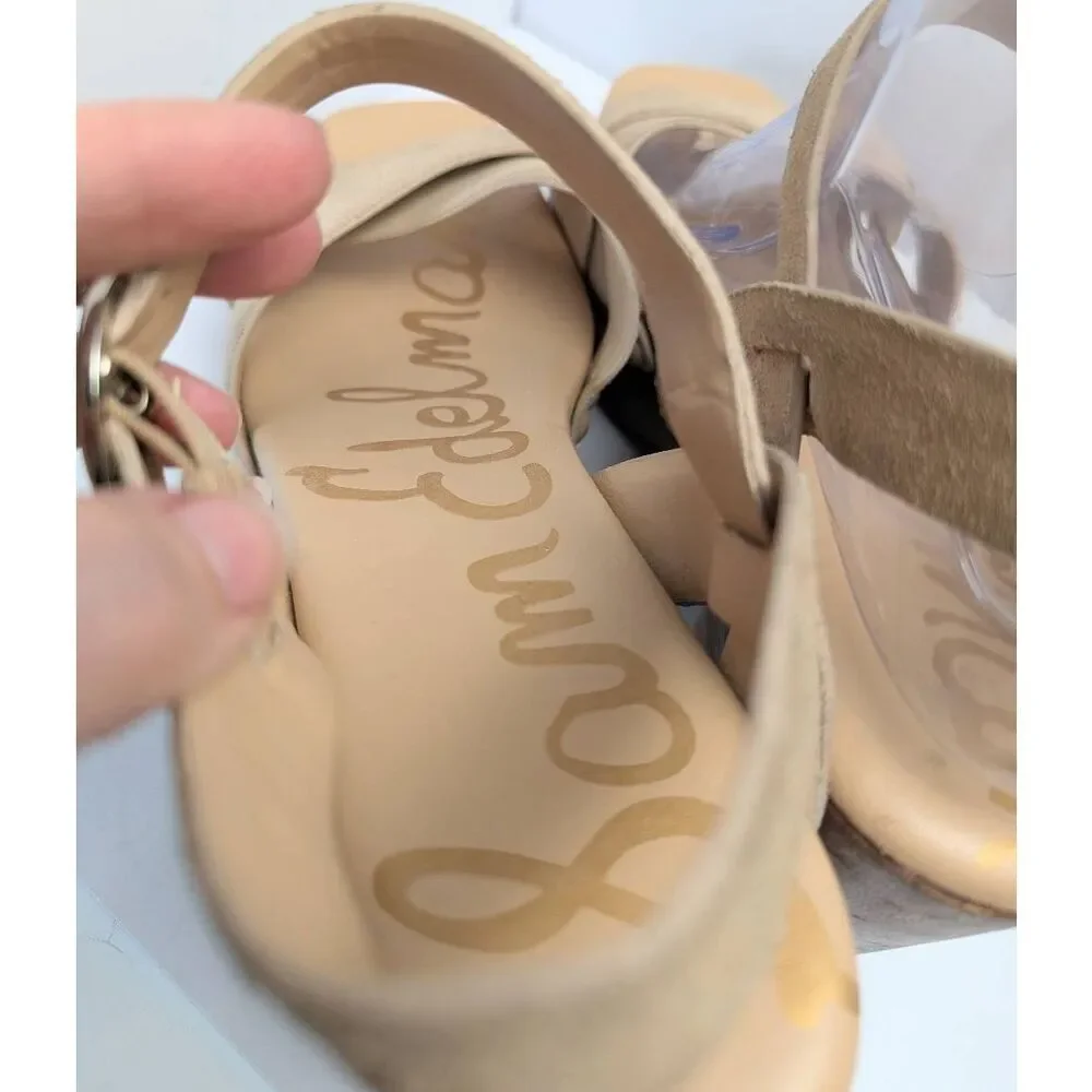 Sam Edelman Josefine beige nude suede strappy wood platform sandals womens 8